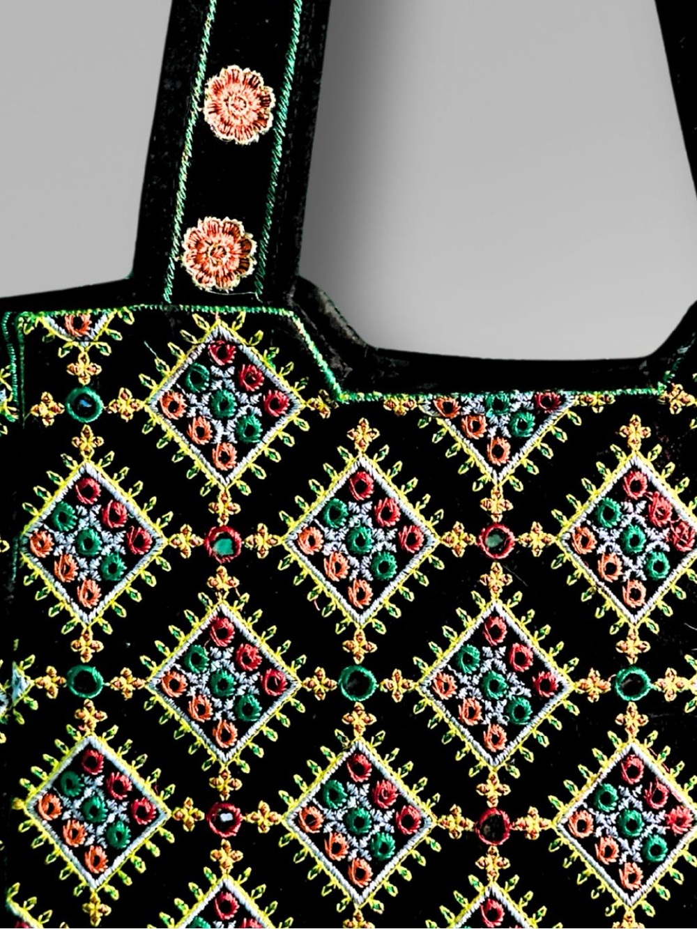 Embroidered Black Tote Bag with Multicolor Floral Diamond Pattern